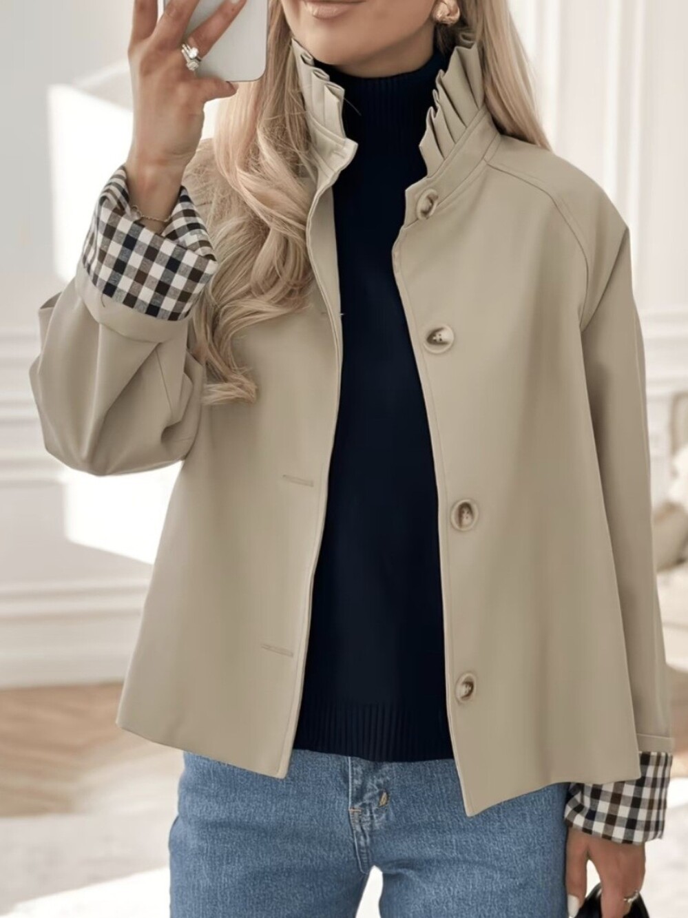 Short Collar Jacket, Single Button Minimalist Fit, Plaid Patchwork Cuff Design